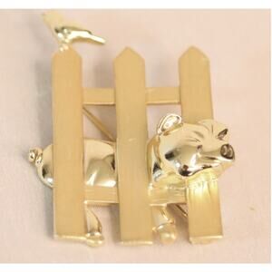 AJC Brooch Pig And Bird On Fence Gold Tone Metal